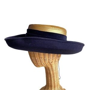 Vintage 90s Whittall & Shon Wool Sequin Hat Navy Blue Gold Wide Brim